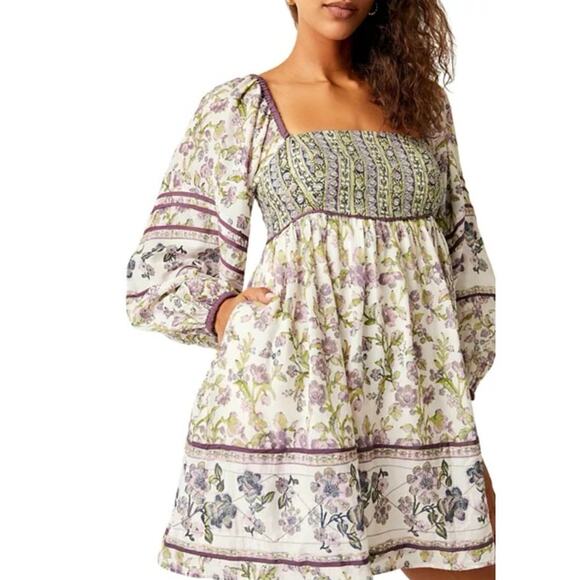 Free People Mini Dress Endless Afternoon Peasant Milkmaid Boho Floral Size Small - Picture 5 of 14